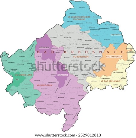 Bad Kreuznach district map of Rhineland-Palatinate state. Federal Republic of Germany. Colored. Vector