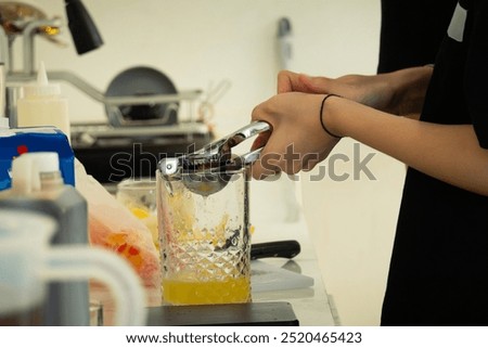 Image, Stock Photo Faceless employee using pressing machine in printing office