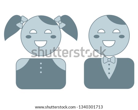 Two blue vector icons (portrait) of smiling boy with bow tie and buttons on his shirt and smiling girl with pigtails, bows in her hair and buttons on off the shoulder blouse