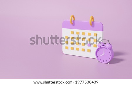 Calendar icon symbol and alarm clock minimal cartoon style design. Day month year time concept. on purple background. website banner. 3d rendering