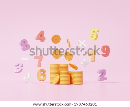 Money and basic math operation symbols math, plus, minus, multiplication, number divide on pink background. Mathematic calculate Finance education concept. minimal style. 3D render