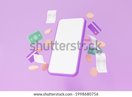 3D rendering Online payments coin and Banknotes bill money floating on smartphone blank white screen transaction concept. payment Internet banking on Purple background cartoon style illustration