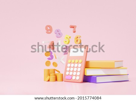 3D render Economics finance education concept. calculator, analytics, book basic math operation symbols math, plus, minus, multiplication, number divide on pink background. illustration