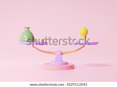 Scales concept. money vs bulb innovation idea balance. finance business investment eduacation with bag money, cartoon minimal style on pink background. 3d render. illustration Stock foto © 