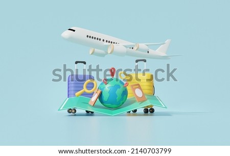 3D rendering globe pin map and suitcase with flight plane travel tourism plane trip planning world tour luggage, leisure touring holiday summer concept. minimal cartoon illustration Сток-фото © 