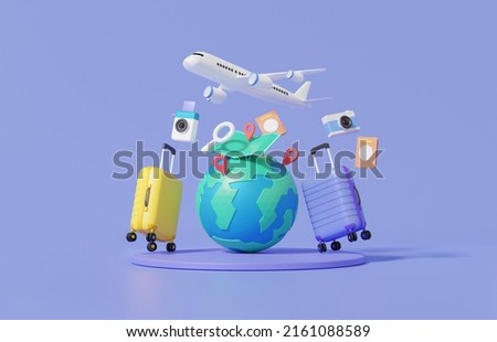 Minimal cartoon flight airplane travel tourism plane trip planning world tour luggage with pin location suitcase and map, leisure touring holiday summer concept. banner. 3d render illustration Сток-фото © 