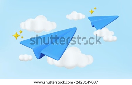 Blue paper airplane with clouds. 3D vector icon symbol creative vision leadership business financial planning concept. freedom target ,innovation mail send message social media. 3d rendering