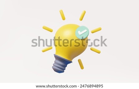 3D vector Yellow light bulb with Green correct mark verify isolated on pastel background. startup icreativity idea technology innovation vision combine investment concept. 3d render illustration