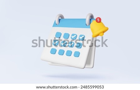 3D vector Calendar icon symbol with alert bell warning. event schedule planner design on isolated on pastel background. Day month year time concept. agenda mark date. Eps 10 vector. illustration.