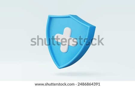 3D medical blue shield protection with plus on pastel background. insurance report information service healthcare medicine hospital support doctor emergency. Eps 10 vector. 3d render illustration