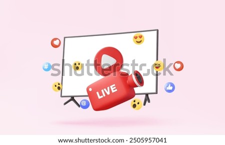 3D TV icon play video modern camera live streaming via follow social media channel new idea creative content emotion communication multimedia entertainment, Eps10 vector, 3d rendering. illustration