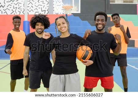 Image, Stock Photo Company of cheerful sportspeople taking selfie during training in city