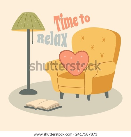 Cozy reading nook with comfy chair, heart pillow, floor lamp, and open book - perfect for home decor and relaxation themes.