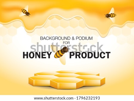 Product display stand 3d illustration vector with bee and honey background. 