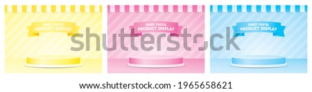 Cute fashionable product display podium with awning and striped wall 3d illustration vetor set in girly pastel color theme consists of yellow pink and blue. Stock foto © 