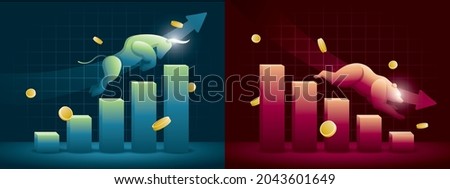 a bull is running up on upturn graph and a bear is running down on downturn graph. bullish and bearish market illustration vector Foto stock © 