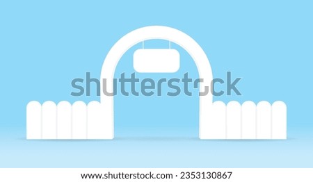 cute minimal white archway with hanging sign and fence 3d illustration vector