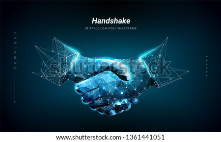 Handshake. Abstract image two hands handshake in the form of a starry sky. Plexus lines and points in silhouette.
Symbol future or innovation. Particles are connected in a geometric silhouette