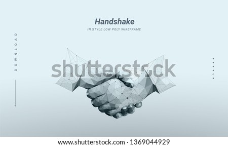 Handshake. Abstract image two hands handshake in the form of a starry sky and consisting of points, lines, and shapes in the form of planets, stars.  Particles are connected in a geometric silhouette