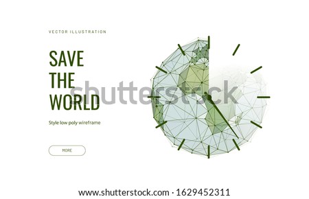 Planet earth in the form of a clock. Low poly wireframe style. Land resources run out. Polygonal abstract isolated on blue background. Vector illustration