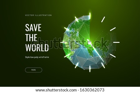 Planet earth in the form of a clock. Low poly wireframe style. Land resources run out. Polygonal abstract isolated on green background. Vector illustration