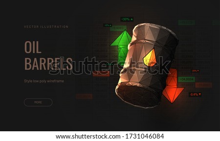 Selling or buying a barrel of oil in the investment market - 3d isometric vector  illustration oil tank in polygonal style on dark background stock chart - Up and down arrows as a symbol of trading 