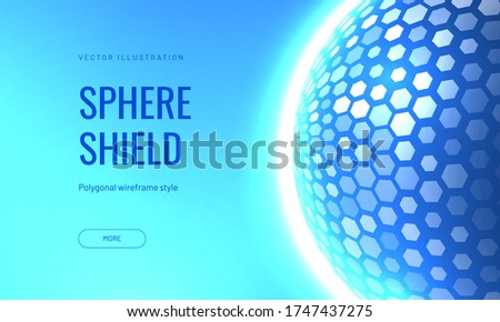 Background shield vector illustration on a blue background. Template for a banner or landing page. Sphere as a barrier against external factors in an abstract luminous style or disco ball