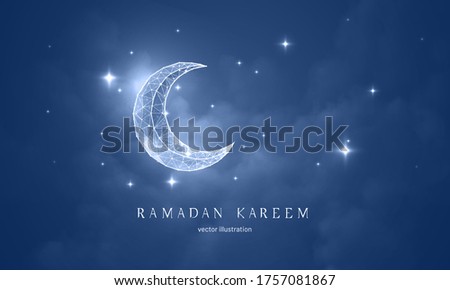 Moon in the starry sky futuristic vector illustration on a blue background, concept for postcard cover. Polygonal crescent moon in the night sky for Ramadan celebration