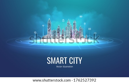 Futuristic smart city vector illustration isolated on blue background, concept of technological innovative metropolis. Skyscrapers in frame polygonal style at night in the clouds