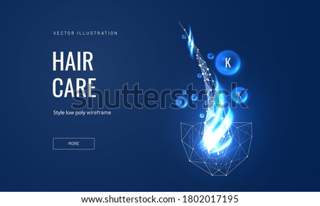 Hair care keratin or serum concept in polygonal futuristic style for landing page. Vector illustration of medical or spa procedures for hair follicles from brittleness, hair damage