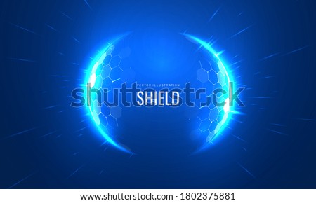 Bubble shield futuristic vector illustration on a blue background. Dome geometric in the form of an energy shield in an abstract glowing style. Cover concept in technological game style