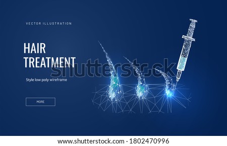 Hair treatment concept in polygonal futuristic style for banner. Vector illustration of the process of a medical or salon procedure mesotherapy or prp for hair growth. Hair bulbs with syringe on blue 