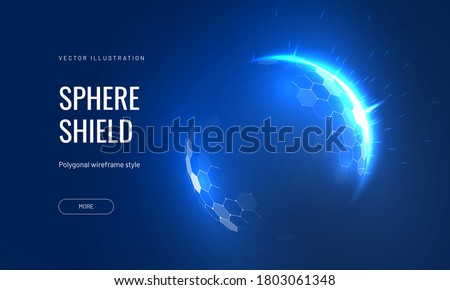 Dome shield geometric  vector illustration on a blue background. Bubble shield futuristic for protection in an abstract glowing style. Landing page and cover in tech style