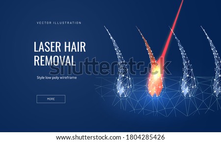 Laser hair removal concept in polygonal futuristic style for landing page. Vector illustration of a hair follicle with a laser to demonstrate the removal process  on a blue background