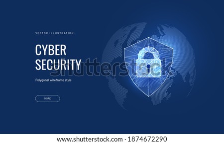 Cyber security, shield lock in futuristic polygonal style. Concept of internet privacy or cyber protection on the background of the world map. 3d vector illustration