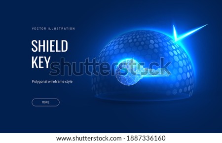 Digital key under a protective dome in a futuristic polygonal style. Concept for insurance of property or house under guard. Vector illustration