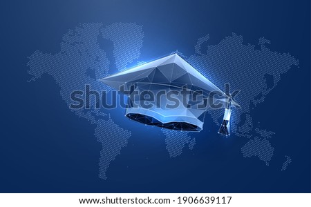 Academy graduate hat in digital futuristic style. Online education concept on world map background. Vector illustration 商業照片 © 
