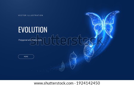 Evolution of a butterfly in a digital futuristic style. Insect life cycle, transformation from caterpillar to butterfly. The concept of a successful startup or investment or business transformation