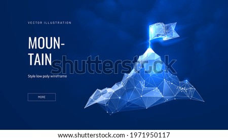 Mountain success futuristic polygonal illustration on blue background. The concept of achieving the goal. Abstract glowing vector illustration for travel or tourism 