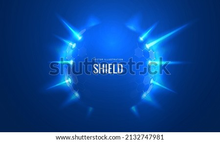 Burst light, effect bubble circle shield in futuristic style vector illustration on a blue background. Dome geometric in the form of an energy shield in an abstract glowing style. Template concept in 