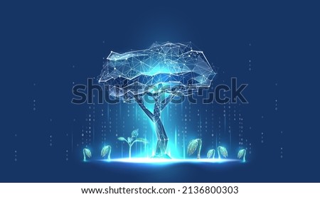 Digital tree with sprouts and binary code in glowing futuristic polygonal style. Poster for an educational program for children. Technology training for teenagers. Vector illustration