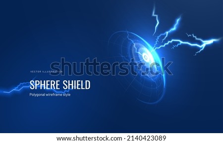 Protective shield with lightning in a futuristic style on a dark background with a glowing effect. Sparks strike the dome like a cyber armor concept or a force energy field effect. vector illustration