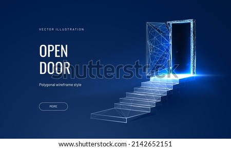 Open door at digital path futuristic science fiction concept of doorway. Technology portal in a polygonal wireframe glowing style. Vector illustration on a blue background