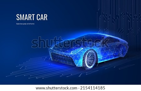 Digital car in a futuristic style. Сoncept for a banner or landing page for the presentation of automotive technology. Vector illustration with light effect and neon