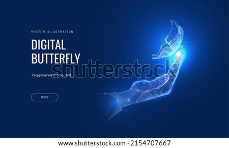 Digital butterfly in hand in digital futuristic style. The concept of the metaverse or the creation of new technologies. Vector illustration with light effect and neon