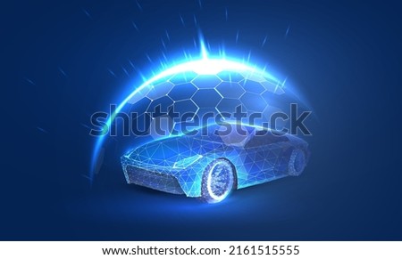 Dome force field over the car in a futuristic polygonal style. Power protect shield concept of care and vehicle insurance against risks. Vector illustration with light effect and neon. 商業照片 © 