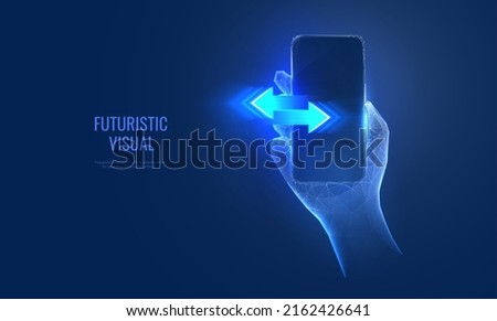 Transfer on device in digital futuristic style. Two multidirectional arrows on the background of a hand with a smartphone, the concept of sharing in the application. Vector illustration 