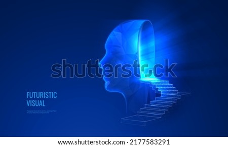 Mental health in digital futuristic style. Staircase leading to an open door in the form of a human head from which light emanates, the concept of psychotherapy or self-discovery. Vector illustration 