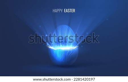 Broken egg birth concept in digital style. Rays of light from the crack of the egg, the concept of a festive banner with a light neon effect. Vector illustration