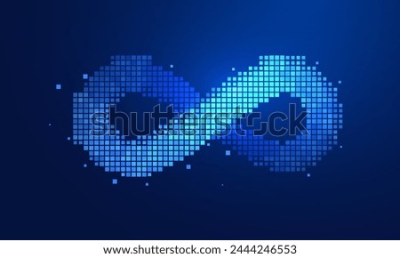 Infinity symbol in pixel digital style. Technological futuristic light effect - design element vector illustration  